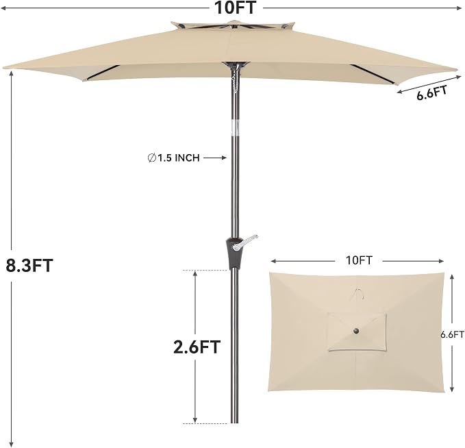 6.6 x 10 ft Rectangular Patio Umbrella, Outdoor Market Table Umbrella with Push Button Tilt and Crank, Double-Tier Vent, 6 Ribs, Rectangle Patio Umbrella for Backyard, Deck, Pool, Fits 4–6 Chairs and Tables (Beige)