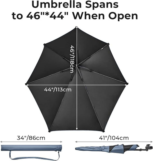 G4Free Beach Chair Umbrella with Universal Clamp UPF 50+ Golf Cart Umbrella | 46"x44" Large Canopy Sun Umbrella UV Protection, Adjustable Clamp for Beach Chair/Wheelchair/Stroller, 360° Flex Shaft, 7 Rib
