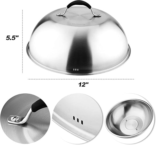 Skyflame 12'' Cheese Melting Dome & 8'' Burger Press, 2pcs Griddle Accessories Set for Flat Top Grill/BBQ – Stainless Steel Cover & Bacon Smasher, Indoor Outdoor