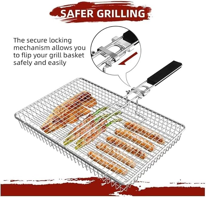 Grill Basket Large Portable Folding BBQ Camping Grilling Rack for Fish, Vegetables, Shrimp, Barbeque Griller Cooking Accessories, Grilling Gifts