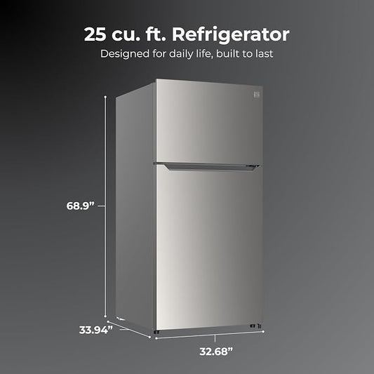 Kenmore 25 cu. ft. 33" Wide Top Mount Refrigerator - FPR Stainless Steel | Adjustable Glass Shelving, Crisper Drawers, Gallon Door Bins, LED Lighting, Fingerprint Resistant SS, ENERGY STAR Certified