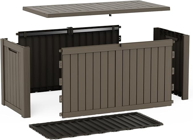 Pepe Tee Waterproof Resin Deck Box, Outdoor Storage Bin for Patio Furniture Cushions, All-Weather Garden Organizer & Seating Bench, Coffee