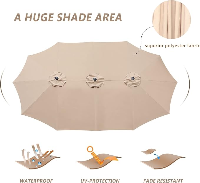 15ft Patio Umbrella with Base, 10-Year-No-Fade Large Outdoor Double-Sided Market Umbrella with UPF50+Terylene Polyester Fabric and Crank for Poolside Garden Deck Backyard Beach Pools