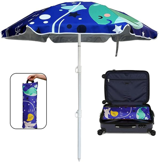 LOTTAFUN Kid 5ft Beach Umbrella Diameter 0.99-1.2 Inches Pole UV 50+ Portable Sun Shade with Sand Anchor & Carry Bag, Outdoor Folding Umbrella for Beach,Pool,Patio,Garden (Dophin)NO Tilt The sand needs to be over 5inches above the bottom