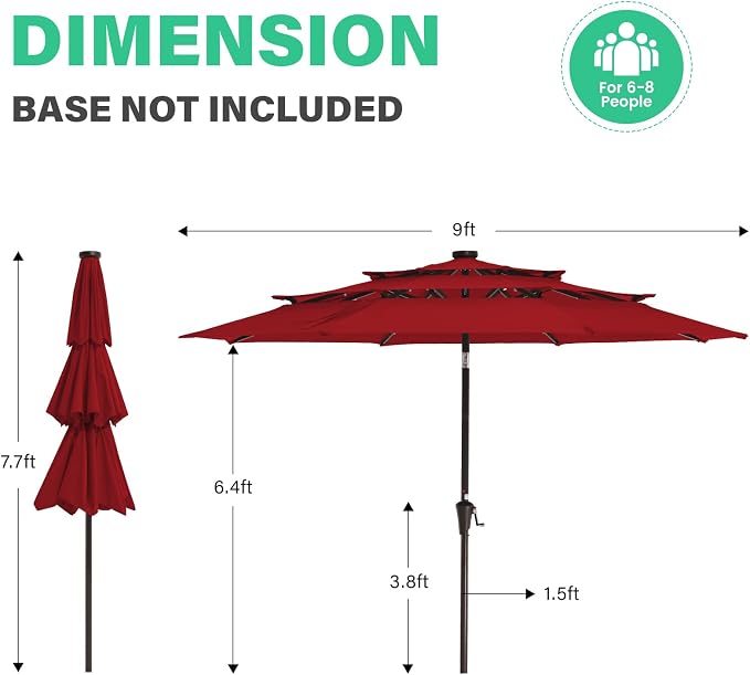 JEAREY 9 ft 3-Tier Outdoor LED Lighted Patio Umbrella w/Crank, Red | Solar Market Table Umbrella with 8 Sturdy Ribs, UV Protection Waterproof Sunproof for Garden, Deck and Backyard