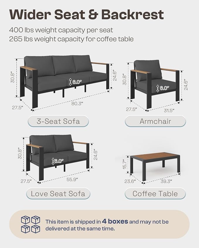Aluminum Outdoor Patio Furniture Set with Coffee Table, 5 Piece Patio Conversation Sets with Washable Thick Cushions, Outdoor Sectional Furniture Set for Porch, Balcony, Deck, Yard, Graphite