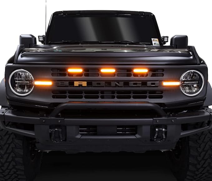 IAG I-Line Amber Grille Lights for Ford Bronco 2021+, Base/Black Diamond | Adds the Raptor look, 3 bright 135-lumen amber LEDs, plug-and-play harness, no-drill clip-in install, waterproof