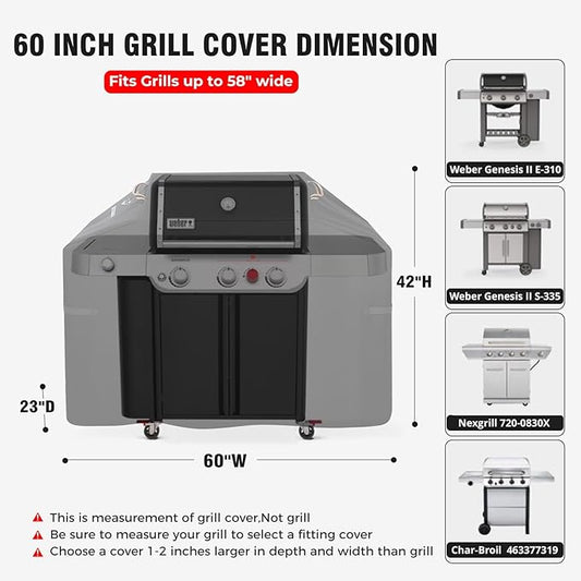 Ultimate Durable 60 Inch Grill Cover for Outdoor Grill,Heavy Duty Waterproof Rip-Proof BBQ Cover,Fade Resistant Gas Grill Cover with Straps,3-4 Burner Barbecue Cover for Weber Char-Broil Nexgrill,etc