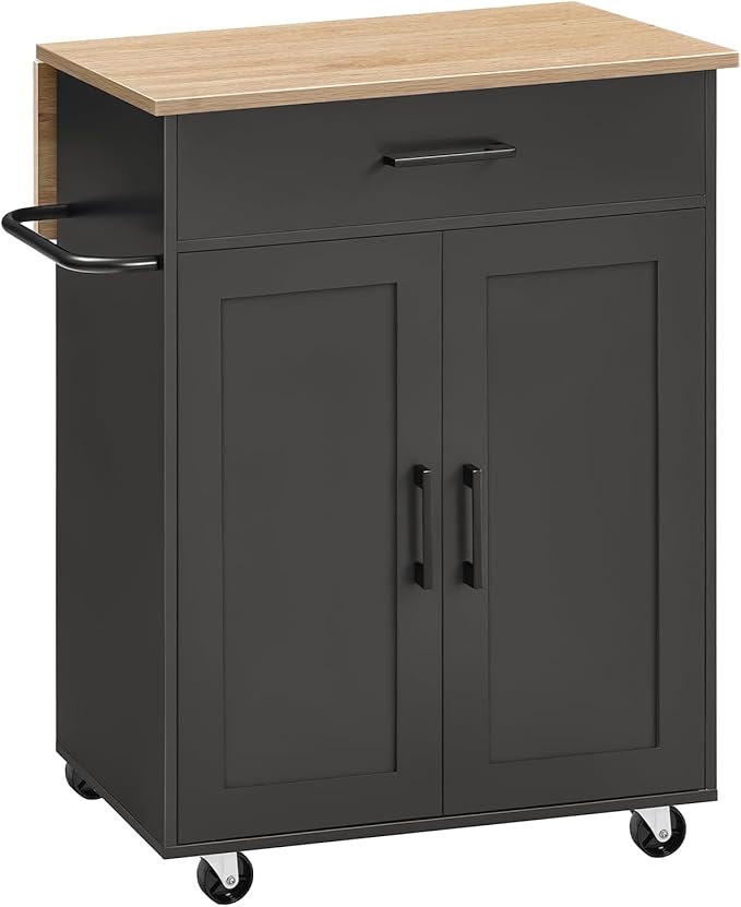 MAHANCRIS Kitchen Island on Wheels with Drop Leaf, Folding Countertop Kitchen Island Cart, Kitchen Islands Table with Towel Rack, Drawer, for Kitchen, Dining Room, Black and Natural KINB12501