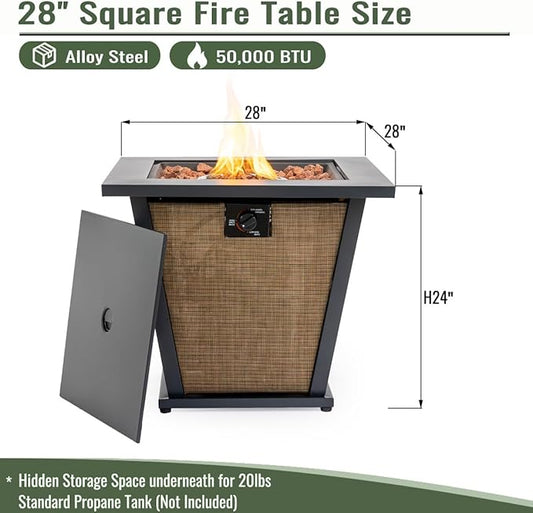 KEIKI 28 Inch Outdoor Propane Fire Pit Table, Square Gas Firepit with Textilene Side Panels, 50000 BTU Heating for Garden Deck with Cover