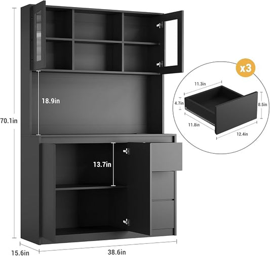 71" Kitchen Pantry Cabinet,Tall Storage Cabinet with Shelves Adjustable | Kitchen Storage Hutch with Microwave Shelf,Coffee Bar,Led Lights&Charging Station,Corner Pantry Cabinet for Living Room