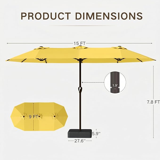 Kingdura 15ft Large Patio Umbrella with Base Included, Double-Sided Rectangle Outdoor Table Umbrella with 12 Reinforced Ribs, Crank Lift for Market Pool Deck Backyard, Yellow