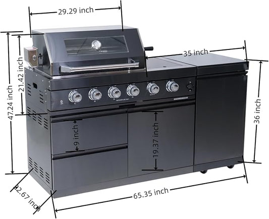 65.35-Inch 4-Burner 72000 BTU Stainless Steel Propane Gas Outdoor Kitchen Island Grill with Rotisserie Kit Round Side Burner Granite Countertops for Backyard Cooking, Black