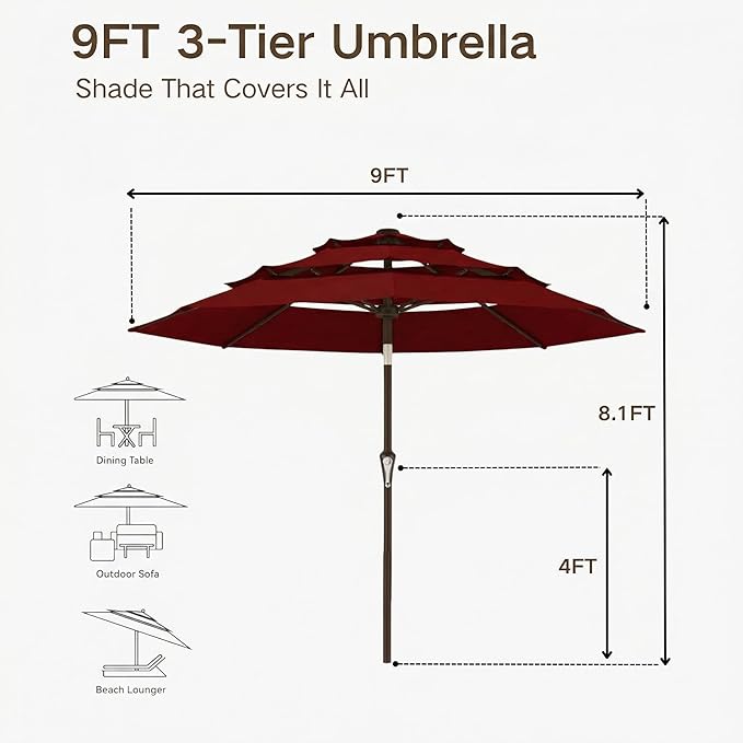 Kingdura 9ft 3-Tier Patio Umbrella, Outdoor Table Umbrella with Easy Crank & Tilt, 8 Reinforced Ribs, UV Protection for Deck, Pool, Market, Backyard (Dark red)