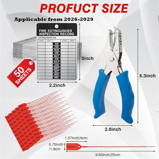 50 Sets 2026โ2029 Fire Extinguisher Tags Aluminum Metal Inspection Record Tags 2.2 x 3 Inch with Hole Puncher & Numbered Security Zip Ties for Monthly Fire Extinguisher Inspection Indoor Outdoor