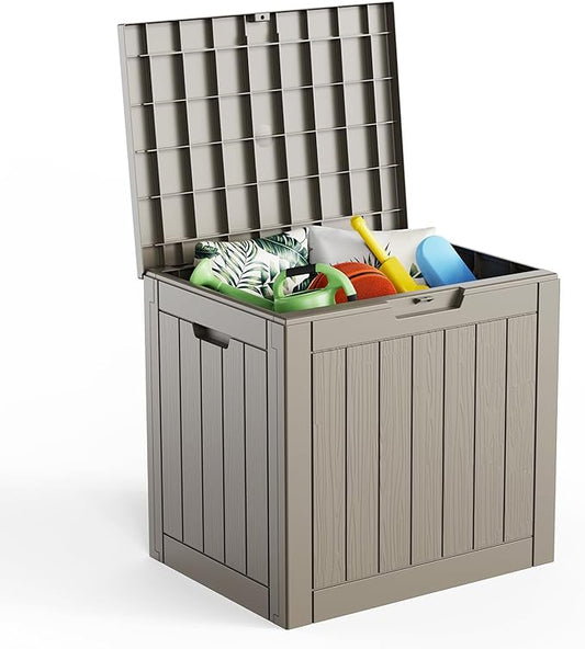 Pepe Tee Waterproof Resin Deck Box, Outdoor Storage Bin with Slatted Texture, All-Weather Patio Side Table & Garden Organizer, Coffee