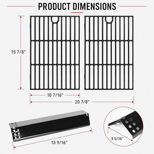 Hisencn Grill Replacement Parts for Expert Gas Grill 3 Burner 720-0988EC 720-0988EG 720-0988ED Grill, Cast Iron Grill Grates and Porcelain Steel Heat Tent Plates Heat Shield Repair Kit