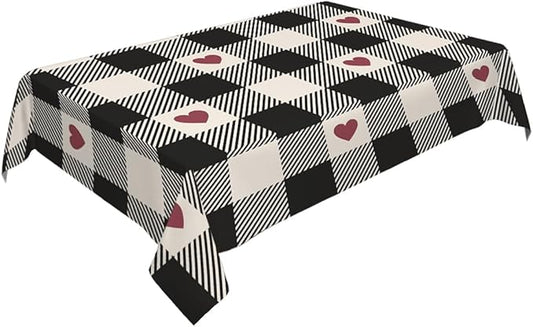 Decorative Rectangle Table Cloths Checkered Valentines Black Plaid Red Heart Tablecloth Table Cover for Dining/BBQ/Picnic/Coffee Table 52 X 70 Inches