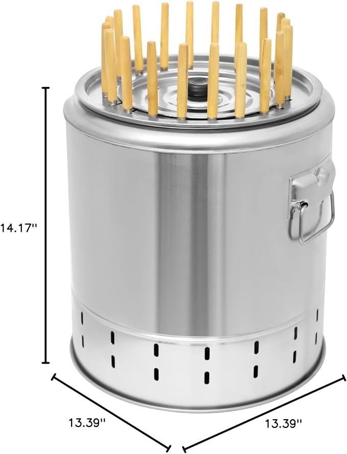 2-in-1 Portable Smokeless Barbecue Charcoal Barrel Grill, 13.4" Stainless Steel 360° Surround Barbecue Barrel with 20 Skewers & BBQ Grill Cooking Grate for Travel Outdoor Cooking