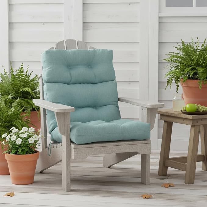 Outdoor Tufted High-Back Chair Cushions, One-Piece Hinged Seat and Back Design, Reversible with 4 Ties, Durable Polyester Fabric, Recycled Fiber Fill - Single, Seaglass