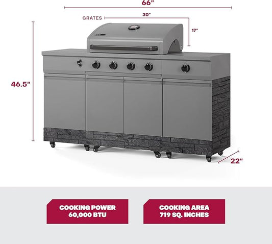 Tytus Fresno 66" 5-Burner Propane or Nat Gas Island Grill, 60K Total BTUs | Pre-assembled for fast install, 864 sq inch cooking area with Side Burner, Storage, Ice Bucket - Gunmetal / Graphite Island