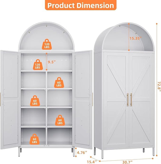 72.8" White Metal Arched Pantry Cabinet for Kitchen Storage, Tall 2-Door Cupboard with 6 Adjustable Shelves, Magnetic Closure & Anti-Tip Kit, 15.4" D x 30.7" W, Assembly Required