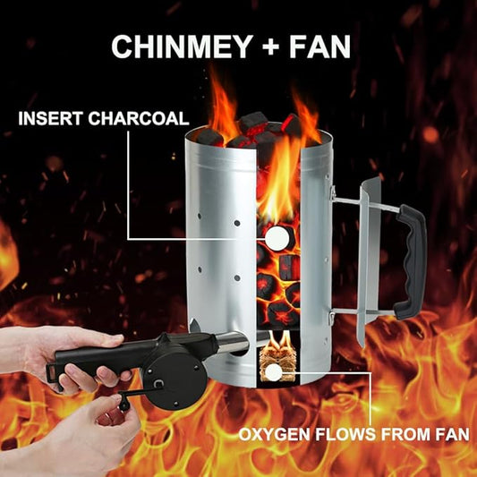 Palmhill Premium Charcoal Chimney Starter Set with Hand Crank Blower, Heat-Resistant Glove & Coal Shovel – Fast & Safe BBQ Charcoal Ignition for Grilling, Camping, and Outdoor Cooking