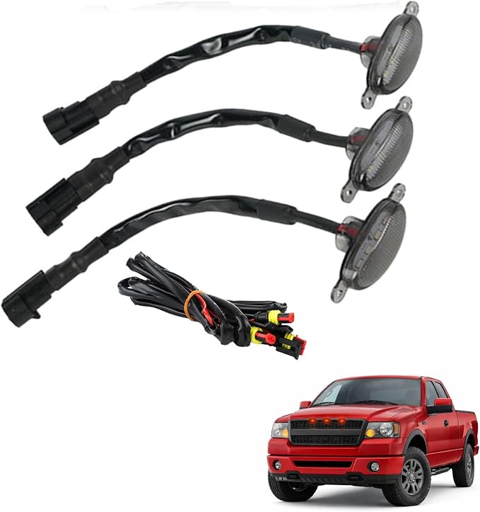 Red LED Grille Light Kit, LED Bumper Hood Lights, Compatible with Ford F-150 Raptor Style Grille 2004-2019 (Aftermarket), 3PCS (Smoked Cover/Red LED Lights)