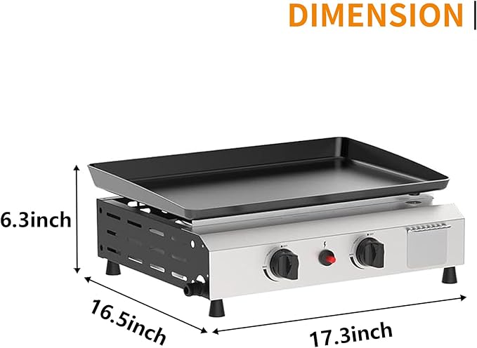 2 Burner BBQ Gas Griddle, 17.3 Inch Stainless Steel Portable Detachable Propane Griddle, 20,000 BTU Flat Top Barbecue Grill for Camping