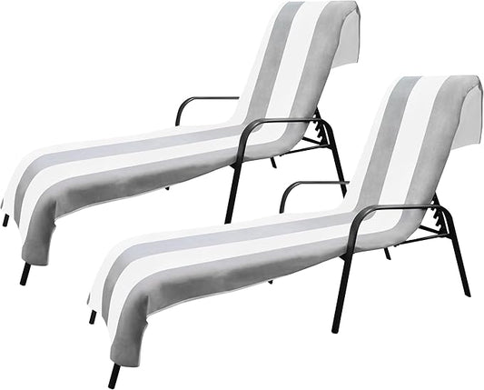 Superior Cabana Cotton Lounge Chair Cover, Outdoor Towel, Terry Cloth, Beach, Spa, Swim Accessories, Pool Chair Cover, Soft, Quick Drying, 32" x 102", Set of 2, Light Grey
