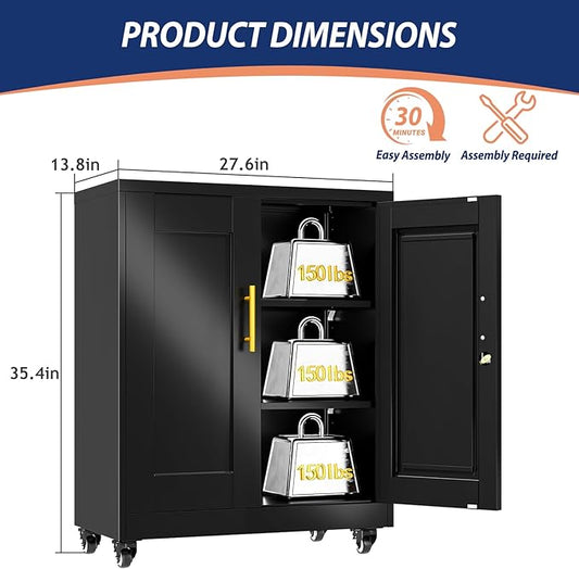 PAOFIN Metal Storage Cabinet-35โ Tall Steel File Cabinets with Lockable Doors and Adjustable Shelves, Steel Tool Cabinet with Wheel for Home, School, Office, Garage Black