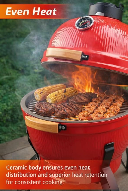 13-in W Kamado Grill with Built-in Thermometer, Oval Grill with Cast Iron Grates, Bamboo handle, Portable Ceramic Grills with Low Stand for Backyard, Patio, Deck grilling, Red