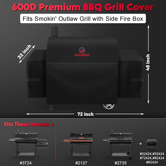 Comnova Grill Cover for Char Griller Smokin' Outlaw Grill - 600D Grill Cover for Outlaw Grill, Fits Models Smokin' Outlaw 3724, Outlaw E2137, Pro Deluxe XL 2735 with Side Fire Box - 72"L x 32"W x 48"H