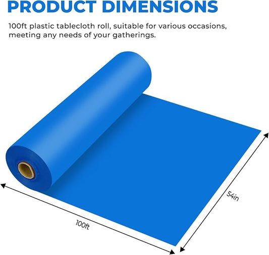 54 Inch X 100 Feet Plastic Table Cover Roll Premium Disposable Plastic Tablecloth for All Type/Shape Tables | Picnic, Party, Banquet, Birthdays, Weddings (Blue, 54 Inch X 100 Feet)