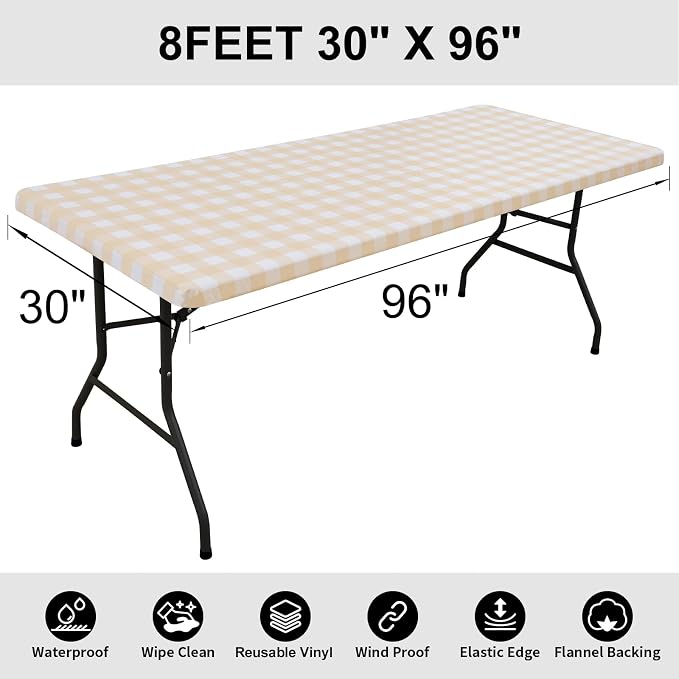Smiry Rectangle Picnic Table Cloth, Elastic Waterproof Fitted Vinyl Tablecloths, Flannel Backed Buffalo Plaid Table Covers for Dining, Camping, Outdoor (White and Beige, 30" x 96")