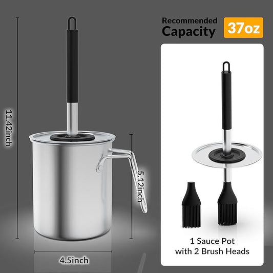 Geesta Adjustable Sauce Pot and Basting Brush Set, Long Stainless Steel Basting Brush for Cooking, Smoking, Fathers Day Grilling Gifts for Men Smoker Accessories, Large Capacity Grilling Tools, 1 Pack