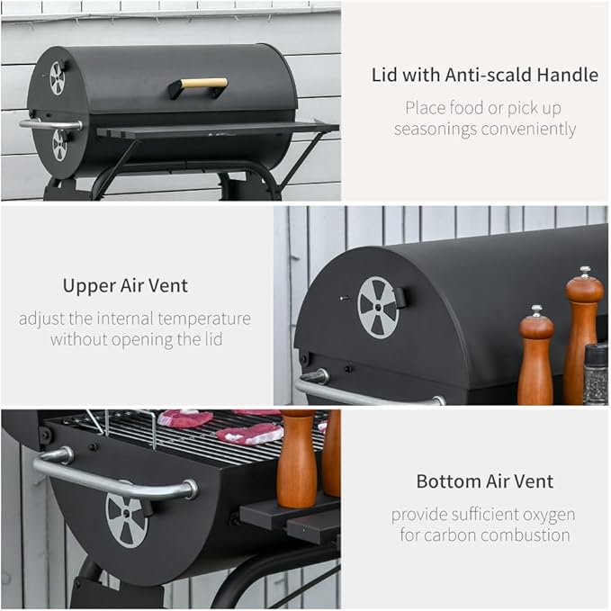 Portable Charcoal Grill for Outdoor Barbecue, Compact Steel BBQ Smoker with Wheels, Side Shelf and Adjustable Vent for Camping, Picnic, Backyard Use