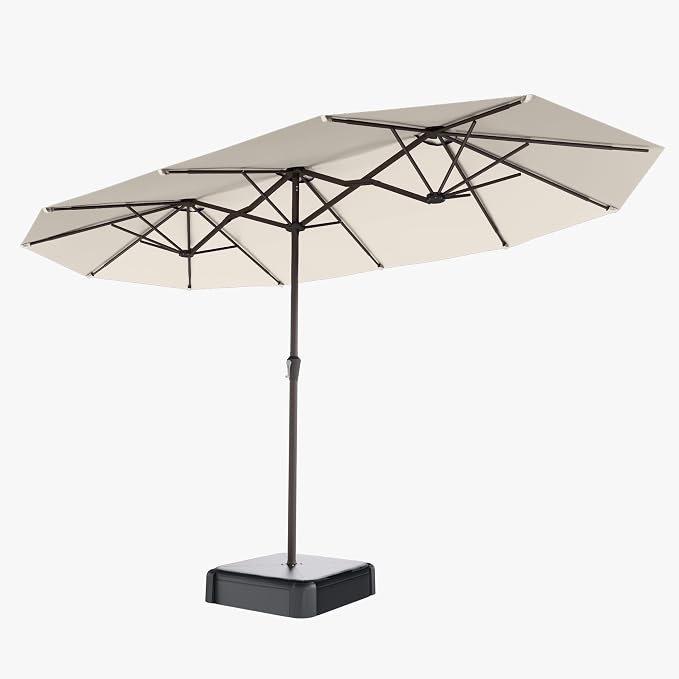 15FT Double Sided Patio Umbrella with Base Included Large Outdoor Market Umbrella with Crank Handle, UV Resistant Canopy, Sturdy Frame for Garden, Poolside, Deck, Creamy White
