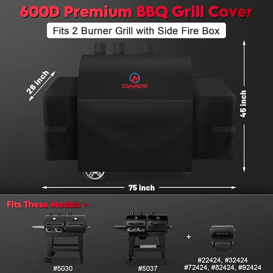 Comnova Grill Cover for Char Griller 2 Burner Dual Function Gas and Charcoal Grill - 600D Premium Grill Cover for CharGriller Waterproof, Fits Model 5030, 5037 with Side Fire Box - 75"L x 26"W x 45"H