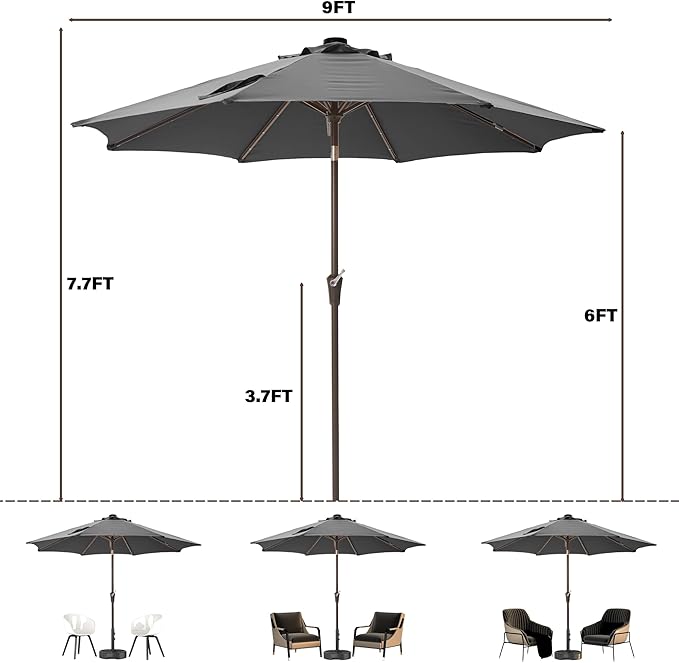 9FT Solar-Powered LED Patio Umbrella with Tilt Crank,Outdoor Market Umbrella with 32 Lights,Sunshade for Deck, Garden and Pool