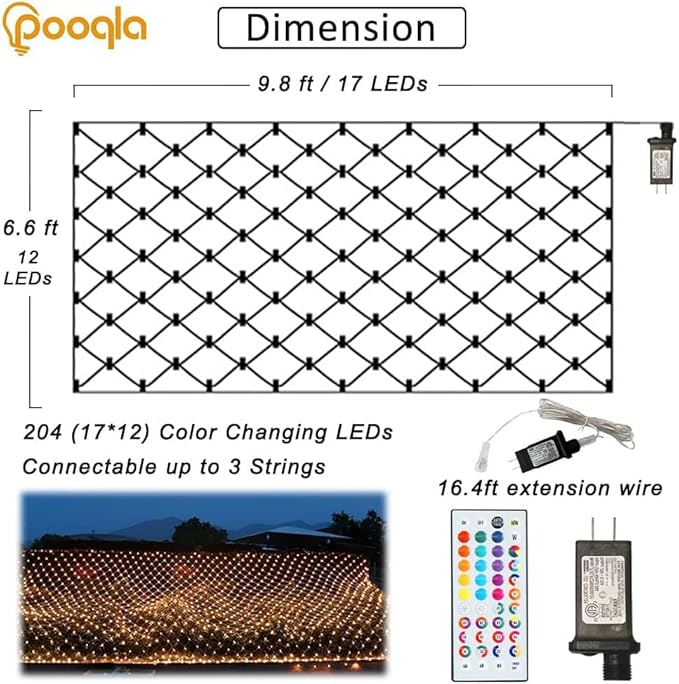 Pooqla RGB Net Lights, Color Changing Christmas Outdoor Mesh Lights, 9.8ft x 6.6ft 204 LED Net Light, Connectable Plug in Waterproof Tree Light Bushes Yard 4th of July Decoration