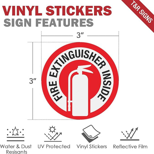T&R Fire Extinguisher Inside Sign Stickers - 10 Pack - 3" x 3" Self-Adhesive Vinyl Reflective, UV resistant, Waterproof, Fade and Scratch Resistant, Suitable for Vehicles Indoor and Outdoor (RED circle)
