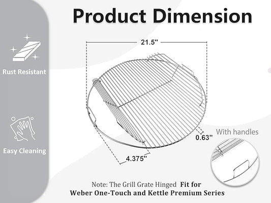 22-inch Stainless Steel Cooking Grate Hinged for 7436 Weber Grill Grates Round Hinged, Non-Stick Reliable Grill Grate Replacement Parts for Weber One-Touch and Kettle Premium Series
