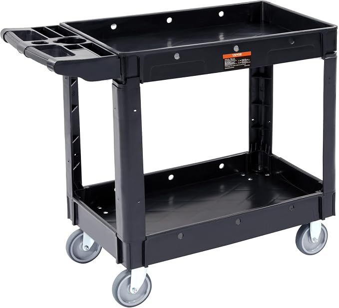VEVOR Utility Service Cart, 2 Shelf 550LBS Heavy Duty Plastic Rolling Utility Cart, Medium Lipped Shelf, 360° Swivel Wheels, Ergonomic Storage Handle for Warehouse Garage, Black | Heavy Duty Rolling Cart with 360° Swivel Wheels, Medium Lipped Shelf, Er...