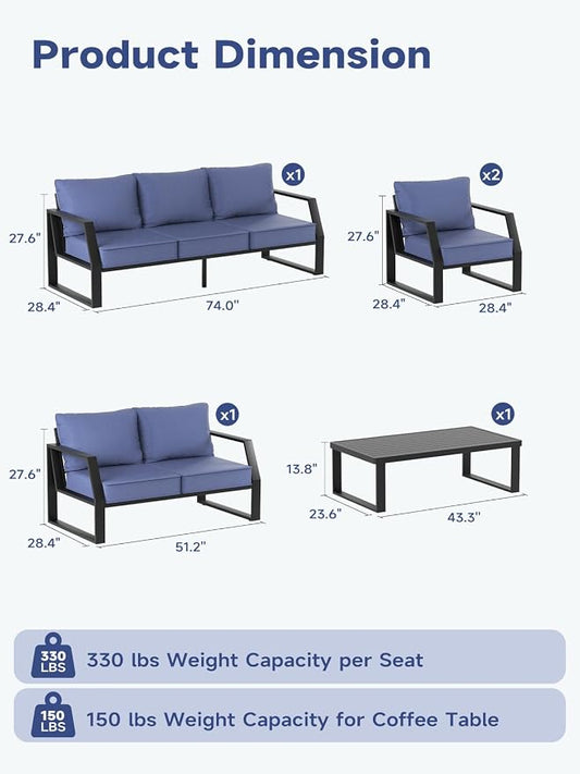 Oversized Outdoor Aluminum Patio Loveseat, 5" Thick Cushions Deep Seat Sofa, Modern Design with Wide Armrests, All-Weather Rustproof Frame for Backyard, Porch, Garden