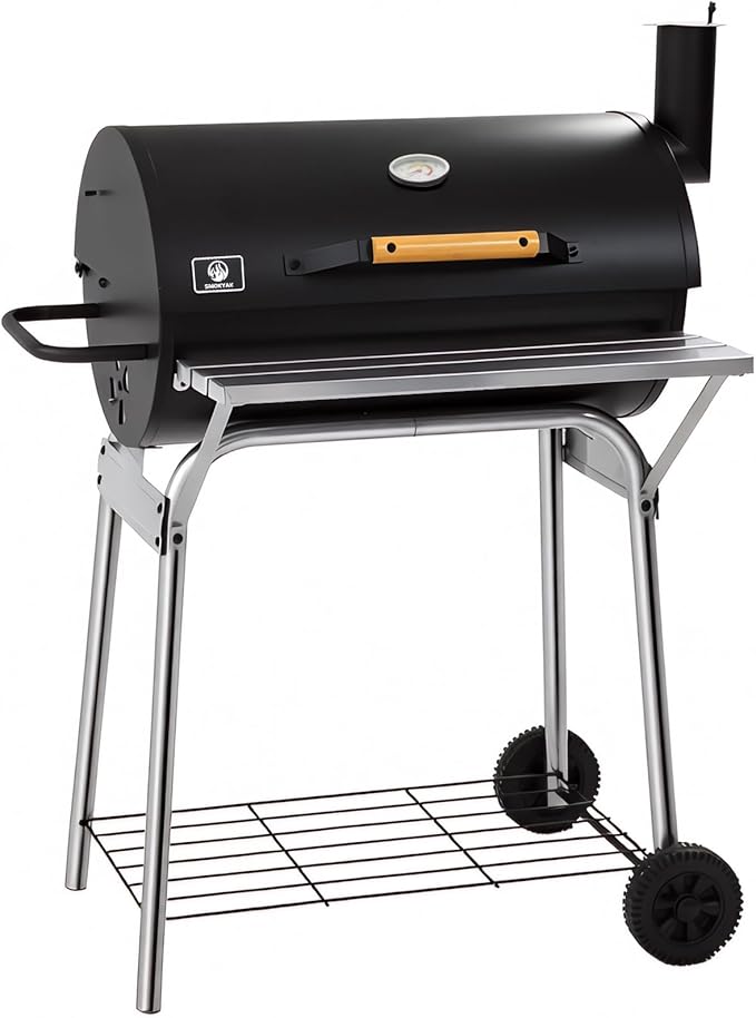 Barrel Charcoal Grill, Outdoor BBQ Smoker, 486 Sq. In. Cooking Area, Warming Rack & Adjustable Charcoal Pan, Front Table & Bottom Shelf, Enameled Steel Wire, Backyard, Patio, Camping(Middle)