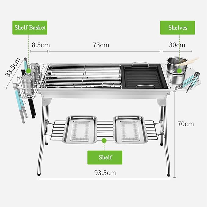 Large Barbecue Grill Stainless Steel BBQ Charcoal Grill Smoker Barbecue Folding Portable for Outdoor Cooking Camping Hiking Picnics Backpacking with Baking Tray 73 * 70 * 33cm