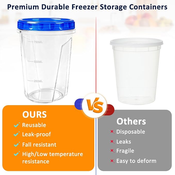 8 Pack 34oz Soup Freezer Storage Containers with Twist Lids for Meal Prep | BPA-Free Reusable Plastic, Quart Food Containers with Screw on Lids for Soup, Broth, Chili, Stew, Leftovers, Freezer Storage