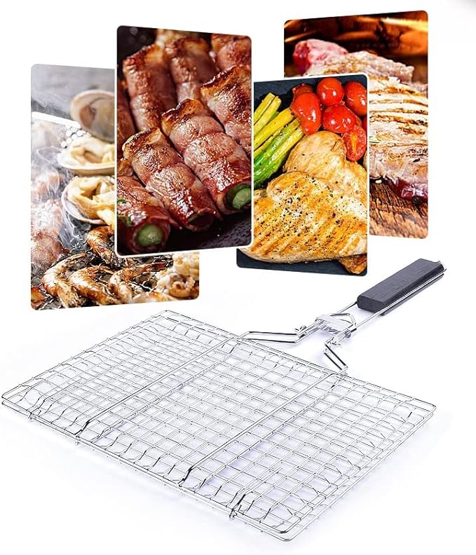 Foldable Grill Basket,Portable Stainless Steel BBQ Barbecue Grilling Basket,With Removable Handle,For Vegetables,Steak,Fish,Shrimpand Whether At Home or OutdoorsBBQ,It Is A Very Practical Barbecue