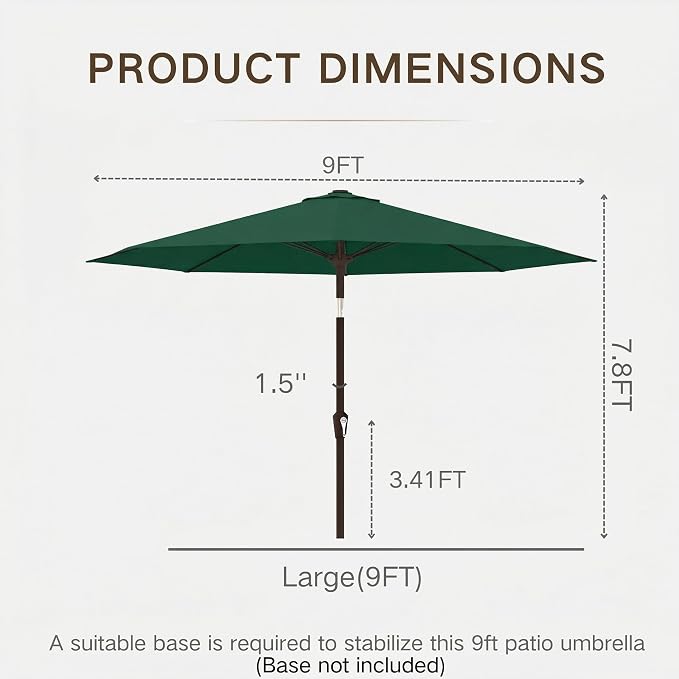 Kingdura 9FT Outdoor Patio Umbrella, Round Market Table Umbrella with Push‑Button Tilt and Crank Lift, 8 Sturdy Metal Ribs, UV50+ Protection Canopy for Backyard, Lawn, Deck, Poolside, Garden (Dark green)